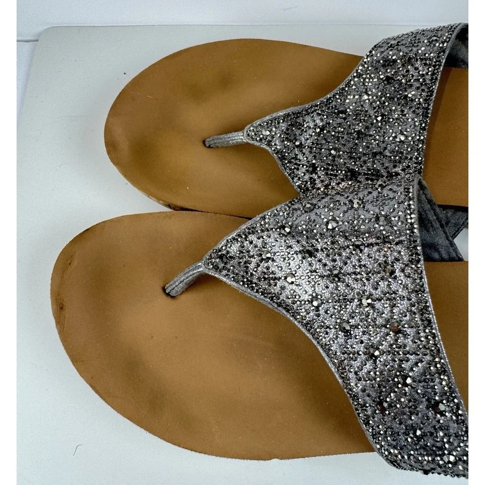 Yellow Box Crystal Wedge Sandals Sz 7 Silver Glitter Rhinestone‎ Flip Flops - Picture 7 of 16